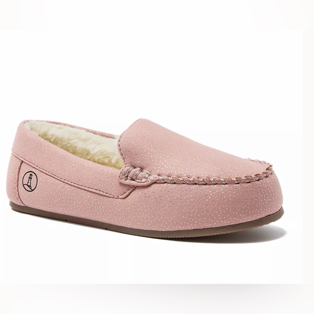 Land's‎ End $50 Kids Fuzzy Lined Light Blush Shimmer Moccasin Slippers Sz 4 NWT